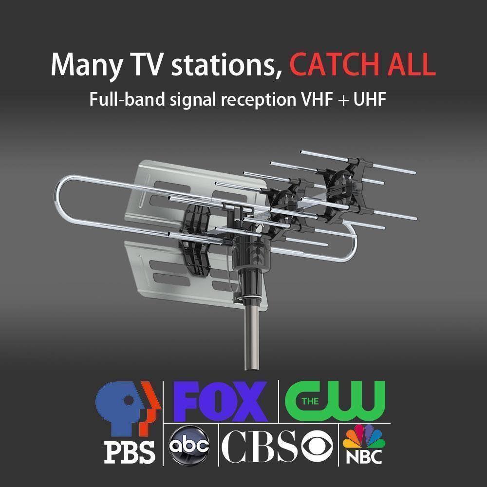 Many TV stations, CATCH ALL  
Full-band signal reception VHF + UHF  

FOX  
CW  
THE  
PBS  
abc  
CBS  
NBC