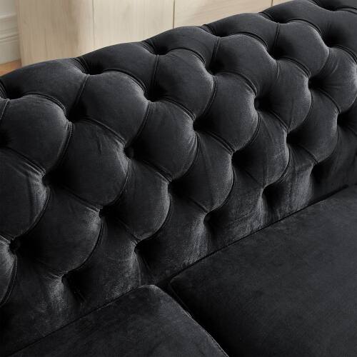 Alt View 3. Anysun - 84" 3-Seat Velvet Chesterfield Sofa - Button Tufted, Gold Stainless Steel Trim, Mid-Century Modern with 2 Pillows - Black.