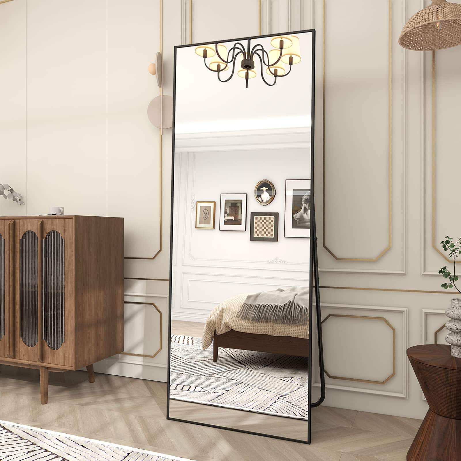 HOMLUX - Full Length Rectangle Floor Mirror Black Aluminum Frame Free Standing Wall Mounted for Bedroom