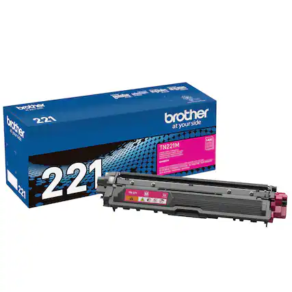 A box of Brother 221 toner cartridges is shown next to a box of Brother toner cartridges.