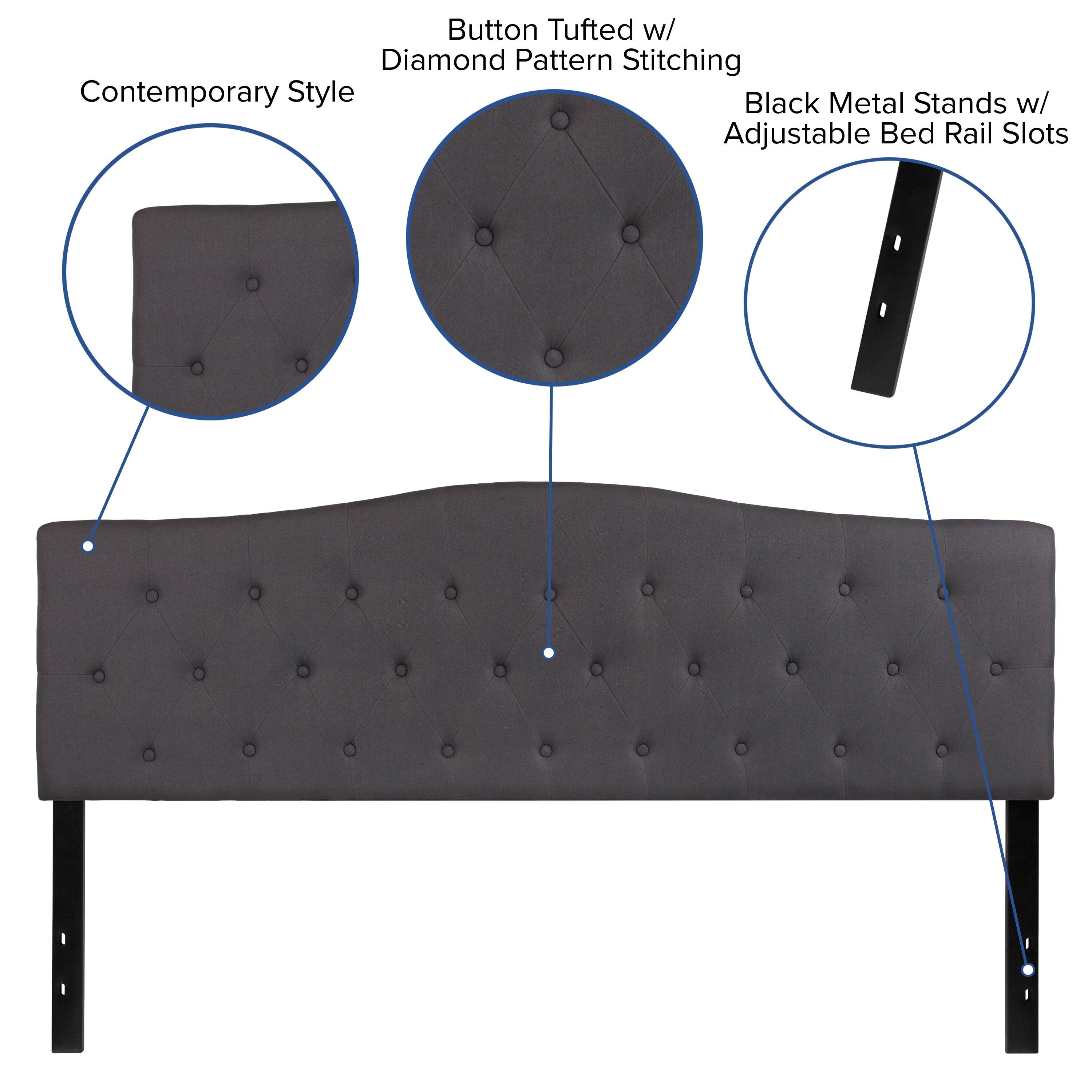 Button Tufted w/ Diamond Pattern Stitching  
Contemporary Style  
Black Metal Stands w/ Adjustable Bed Rail Slots