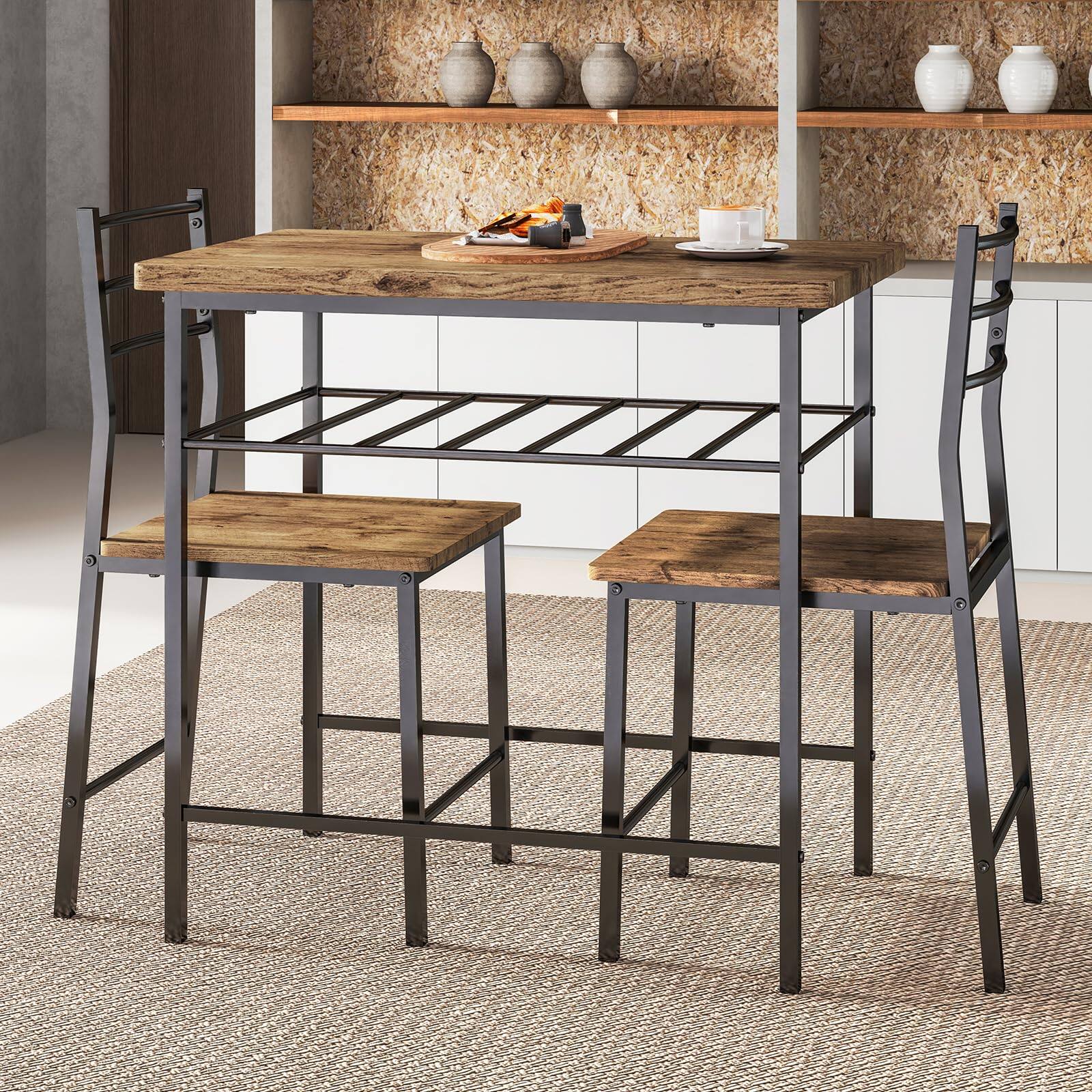 Alt View 2. SKONYON - 3-Piece Dining Table Set with Storage Rack for Kitchen or Small Spaces - Brown.