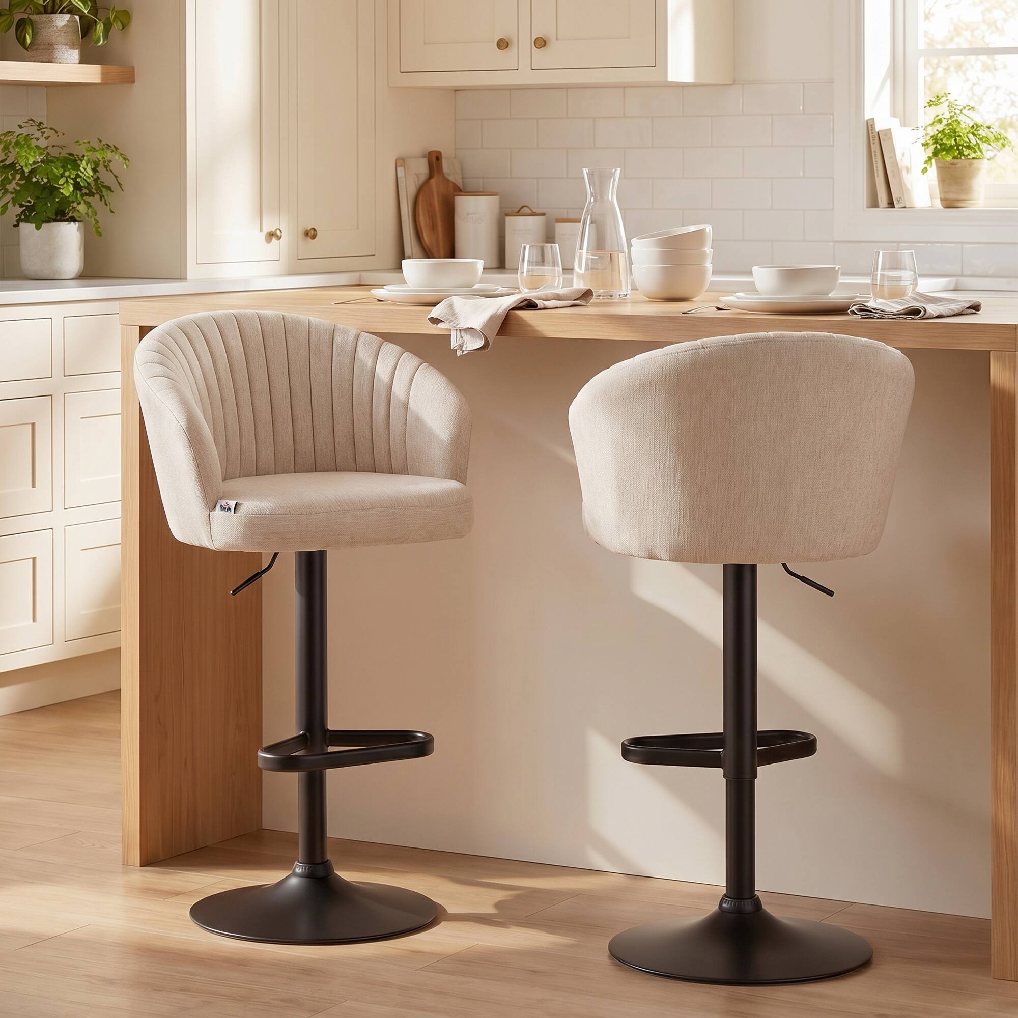 Alt View 1. Homcom - Modern Upholstered Adjustable Barstools with Swivel Seat, Linen Touch Fabric, Steel Frame - White.