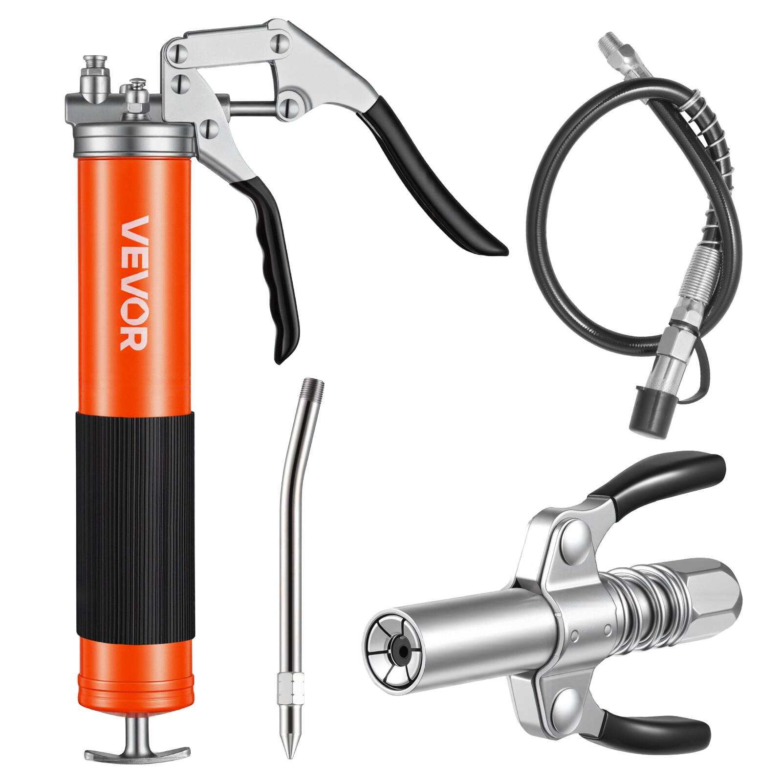 Front. VEVOR - Grease Gun, 8000 PSI, Pistol Grip Grease Gun Kit with 14 oz Capacity, Includes 18-Inch Flex Hose, Double Handle Grease - Orange.