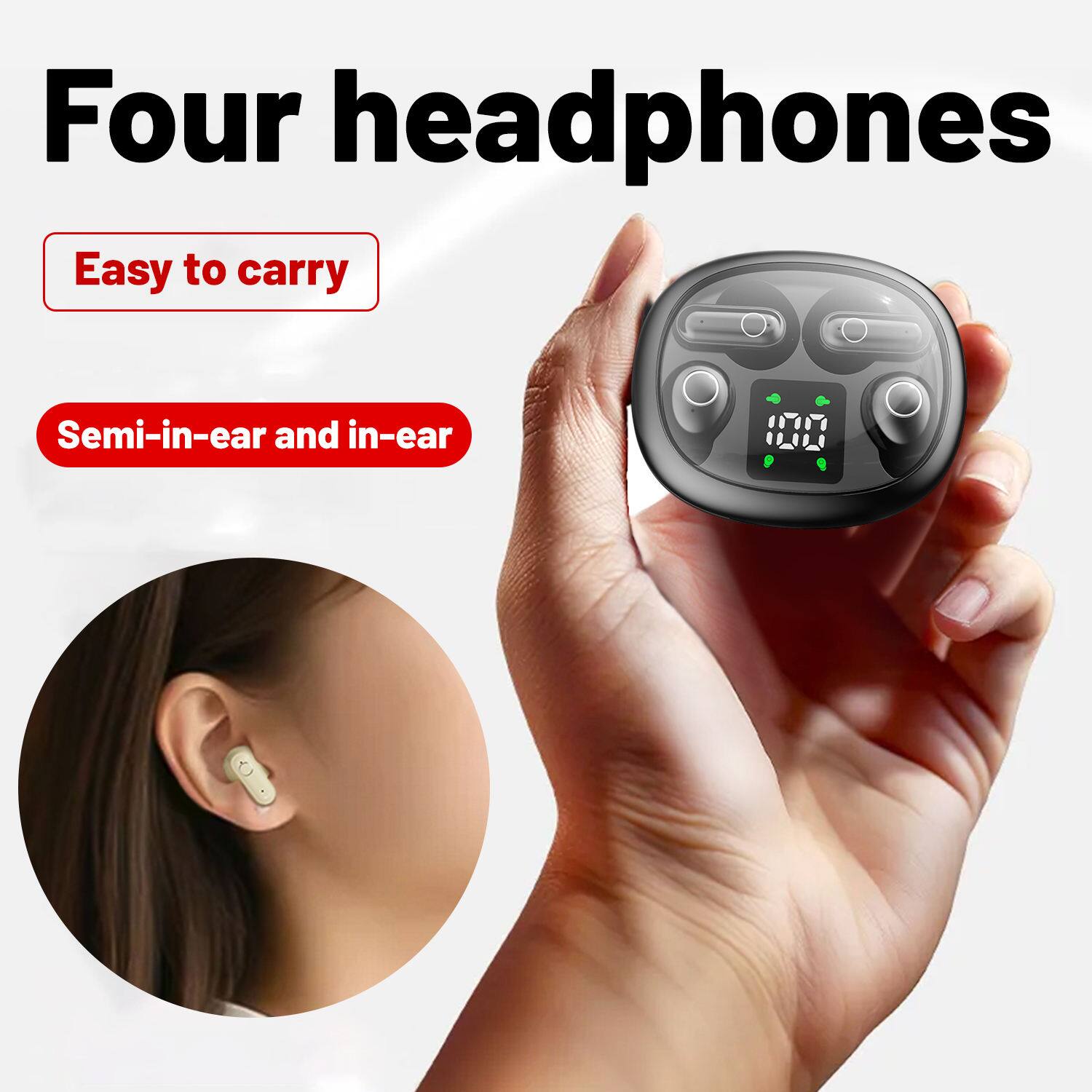 Four headphones  
Easy to carry  
Semi-in-ear and in-ear
