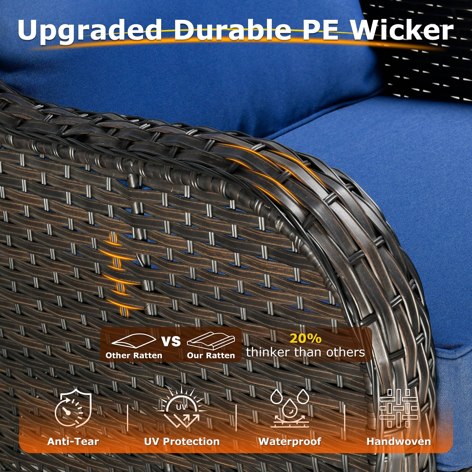 Upgraded Durable PE Wicker

VS

Other Ratten

Our Ratten

20% thicker than others

Anti-Tear

UV Protection

Waterproof

Handwoven