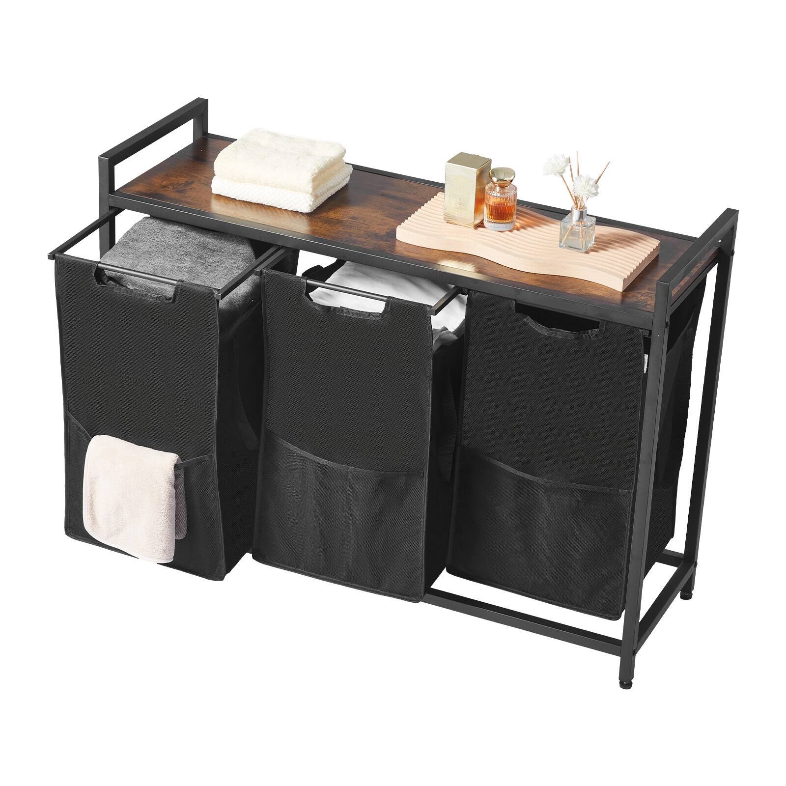Alt View 5. VEVOR - 3Section Laundry Sorter,Large Laundry Hamper with Metal Frame and Wooden Tabletop,Freestanding Storage Organizer Baskets - Black, Brown.