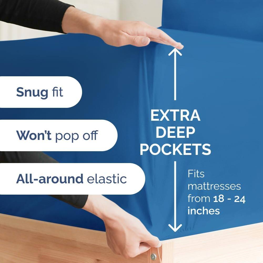 Snug fit  
Won't pop off  
EXTRA DEEP POCKETS  
All-around elastic  
Fits mattresses from 18 - 24 inches