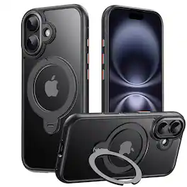 Dteck - Rugged Magnetic Phone Case for Apple iPhone 17 with 360 Rotating Fulcrum Ring Stand, Matte Shockproof Protective Cover - Black