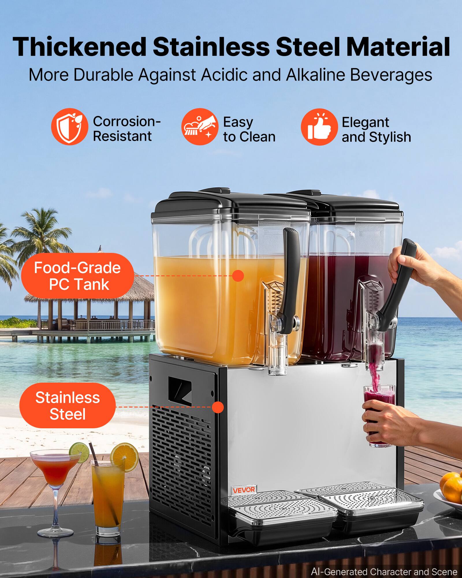 Thickened Stainless Steel Material  
More Durable Against Acidic and Alkaline Beverages  
Corrosion-Resistant  
Easy to Clean  
Elegant and Stylish  
Food-Grade PC Tank  
Stainless Steel  
VEVOR  
AI-Generated Character and Scene