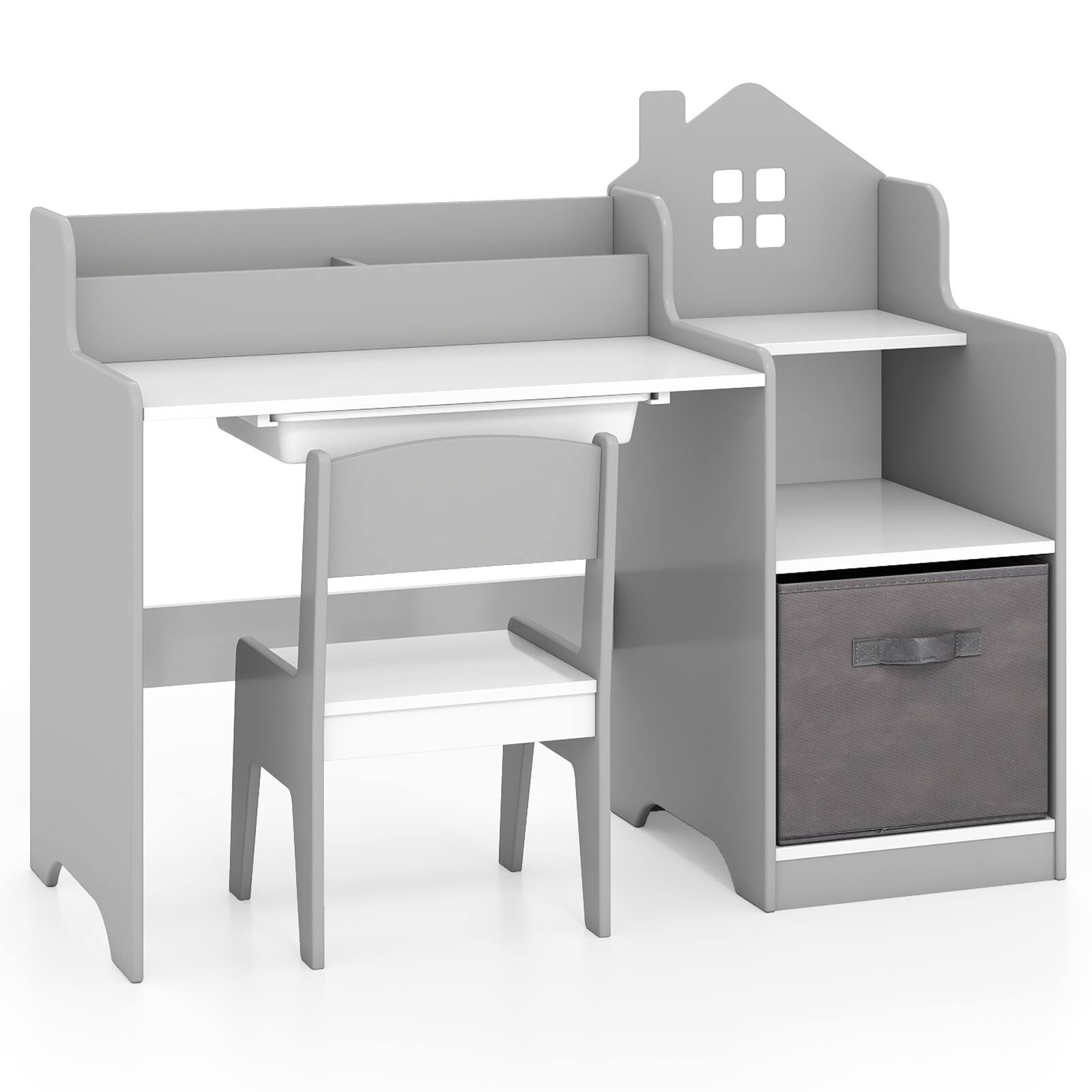 Alt View 9. Gymax - Gymax Kids Study Desk & Chair Set w/ Open Shelves Drawer & Fabric Storage Bin Gray - Gray.