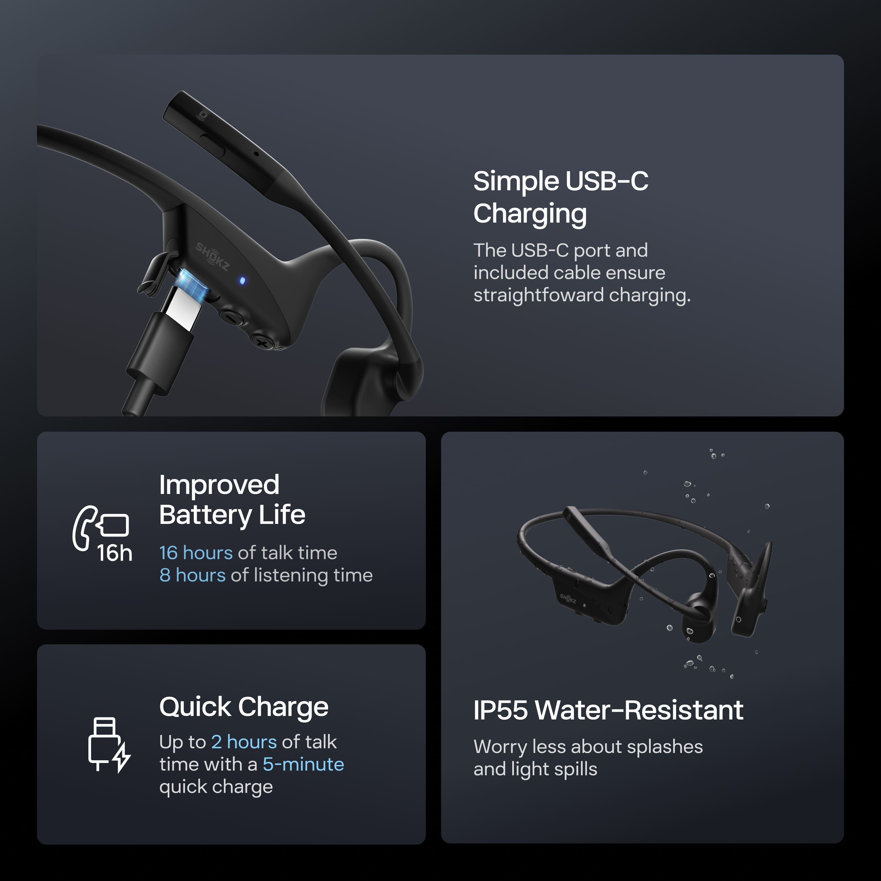 Simple USB-C Charging
The USB-C port and included cable ensure straightforward charging.
Improved Battery Life
16 hours of talk time
8 hours of listening time
Quick Charge
Up to 2 hours of talk time with a 5-minute quick charge
IP55 Water-Resistant
Worry less about splashes and light spills