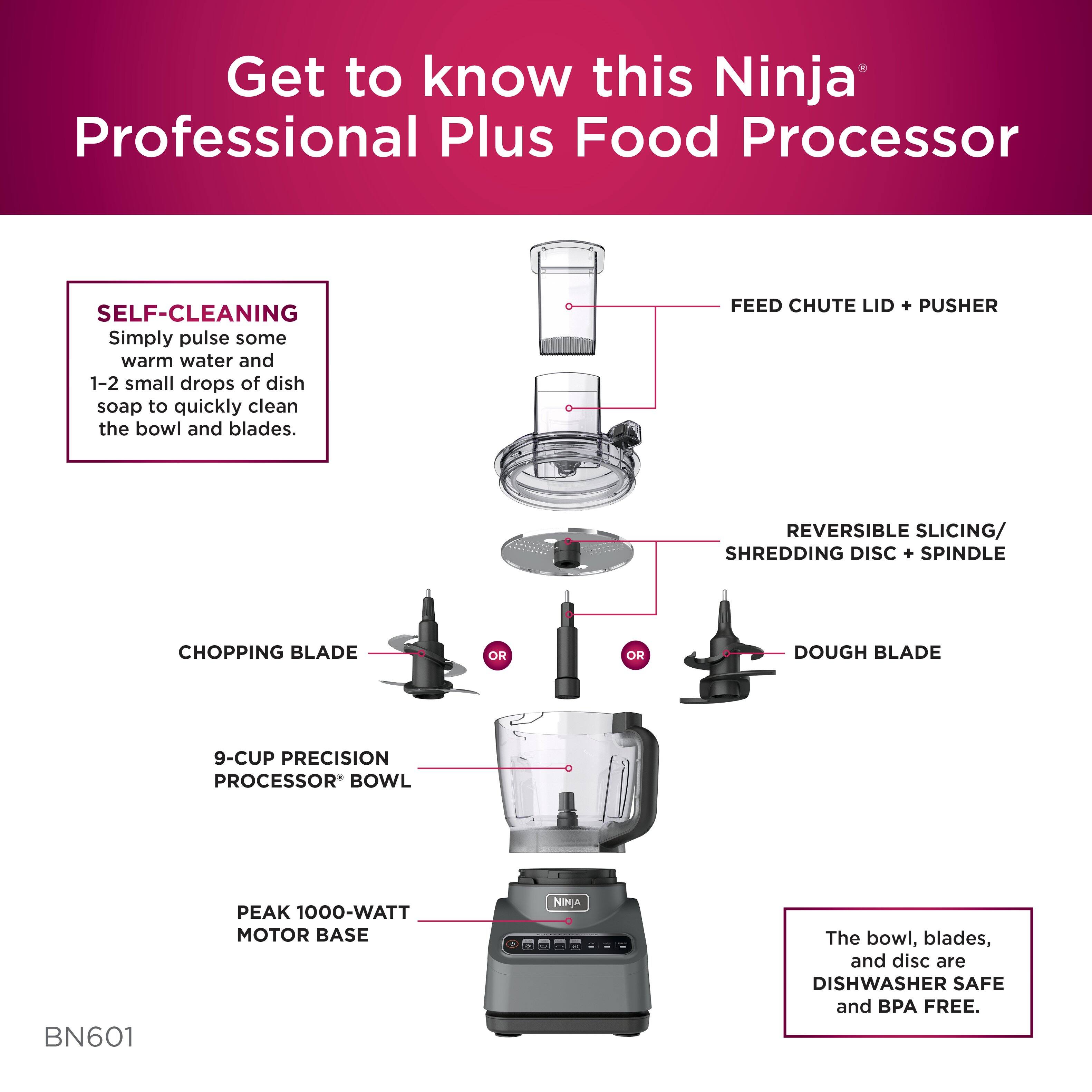 Get to know this Ninja Professional Plus Food Processor, which is a self-cleaning appliance. To clean it, simply pulse some warm water and 1-2 small drops of dish soap to quickly clean the bowl and blades. The food processor comes with a feed chute lid, a pusher, a reversible slicing/shredding disc, a chopping blade, a dough blade, and a 9-cup precision processor bowl. The appliance is powered by a peak 1000-watt motor and is dishwasher safe and BPA free.