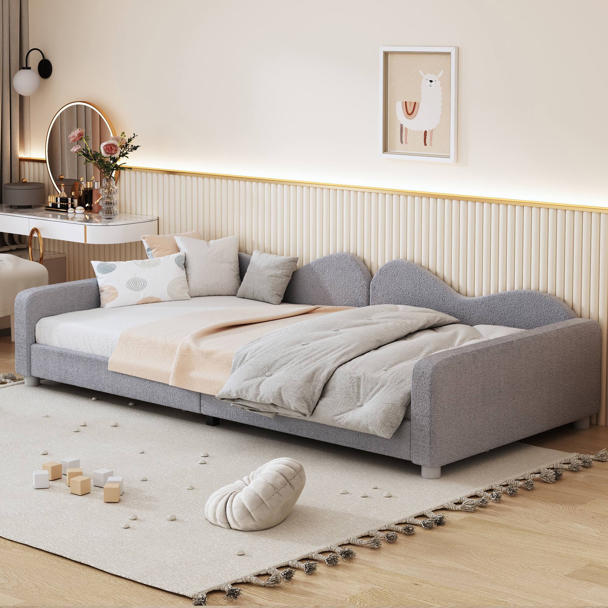 Angle. Tiramisubest - Twin size Upholstered Daybed, Sherpa Fabric Sofabed with Cloud-Shaped Backrest, No Box-spring Needed, Gray - Gray.