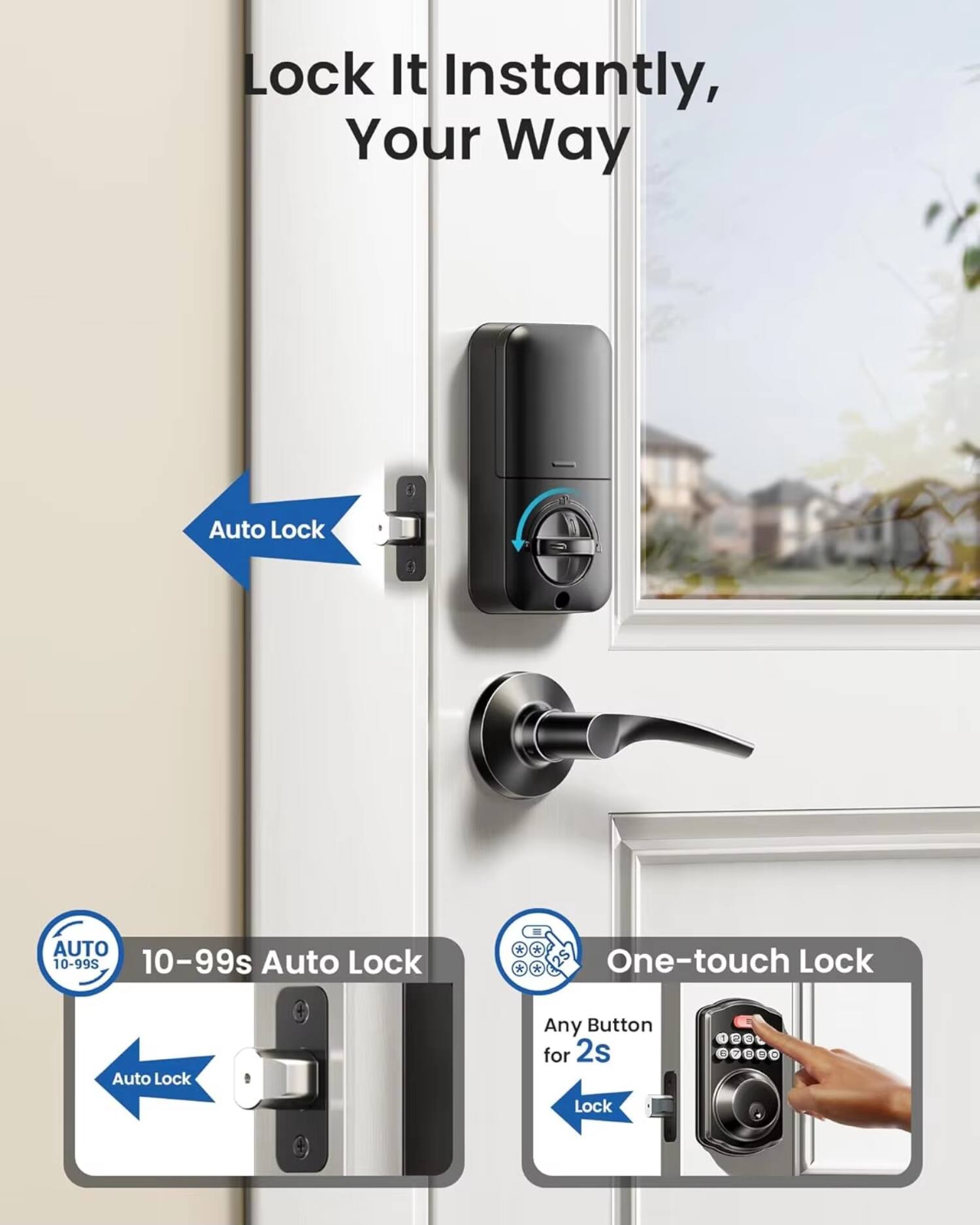 Lock It Instantly, Your Way

Auto Lock

10-99s Auto Lock

One-touch Lock
Any Button for 2s