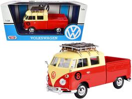 Volkswagen Type 2 (T1) #8 Pickup Truck with Roof Rack and Luggage 1/24 Diecast Model Car by Motormax - Red And Yellow