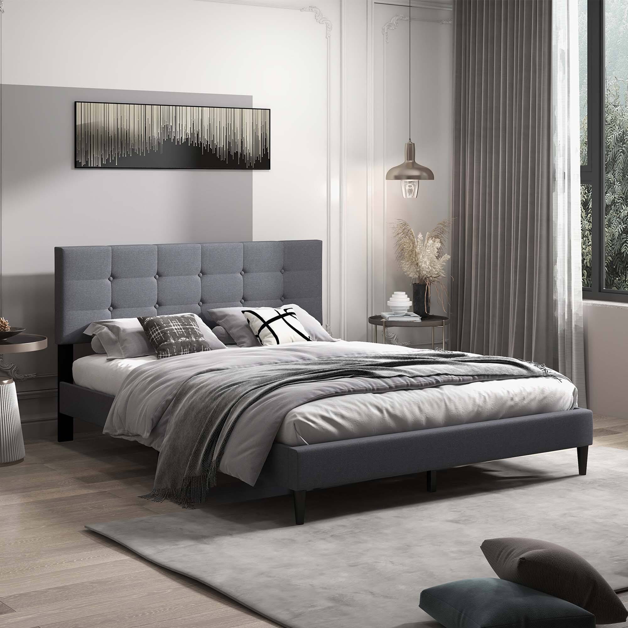 Alt View 5. Costway - Costway Queen Upholstered Platform Bed Mattress Foundation Button Tufted Headboard - Gray.