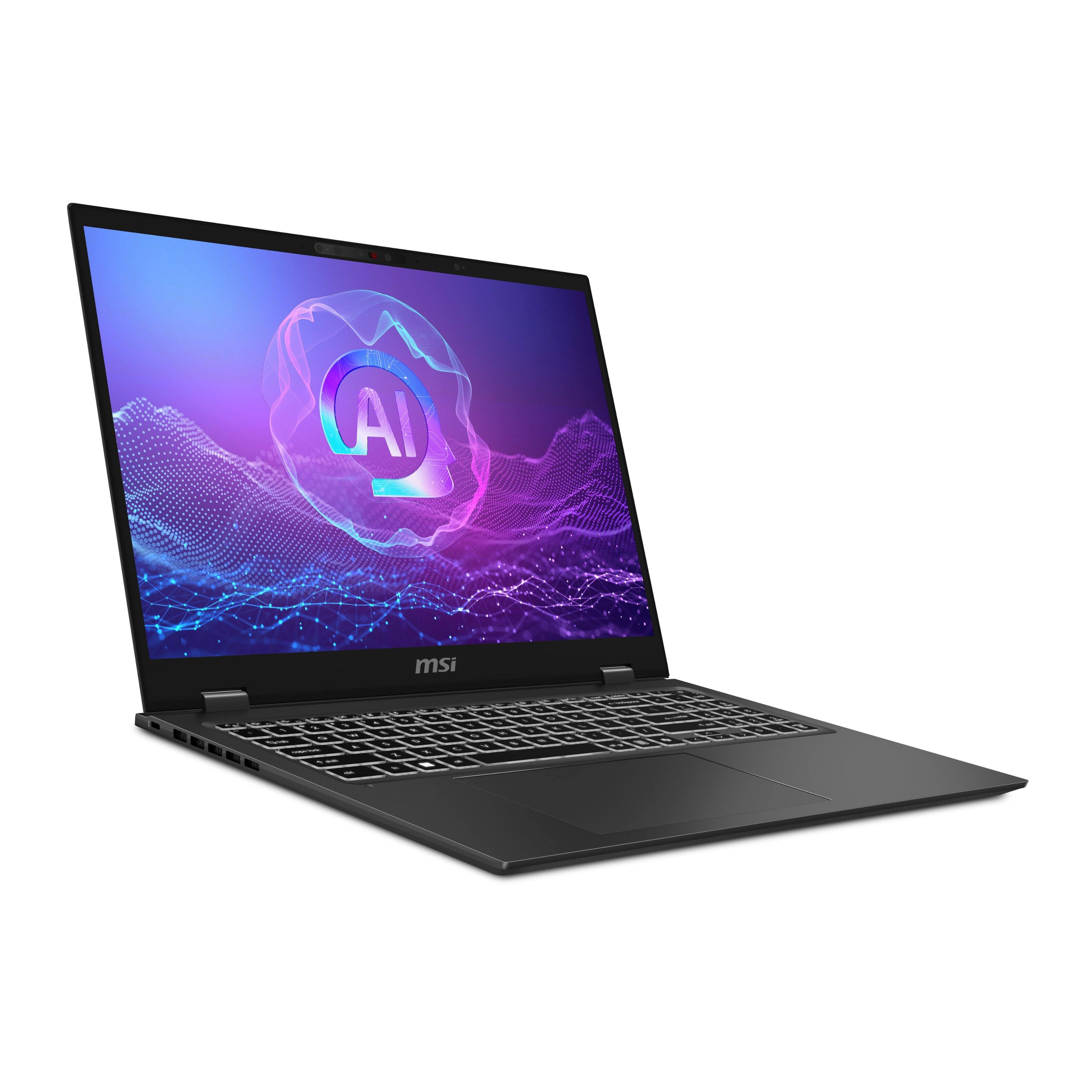 Angle. MSI - Prestige 16 AI EVO 16" UHD+ OLED Laptop - Intel Ultra 7-256V - 16GB Memory - 1TB SSD - Stellar Gray.