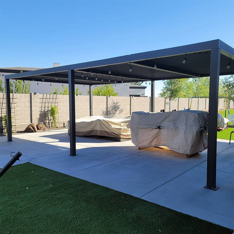 Angle. PURPLE LEAF - Louvered Pergola Outdoor Gray Aluminum Pergola with Adjustable Roof for Deck Backyard Garden Hardtop Gazebo - 14' X 24'.