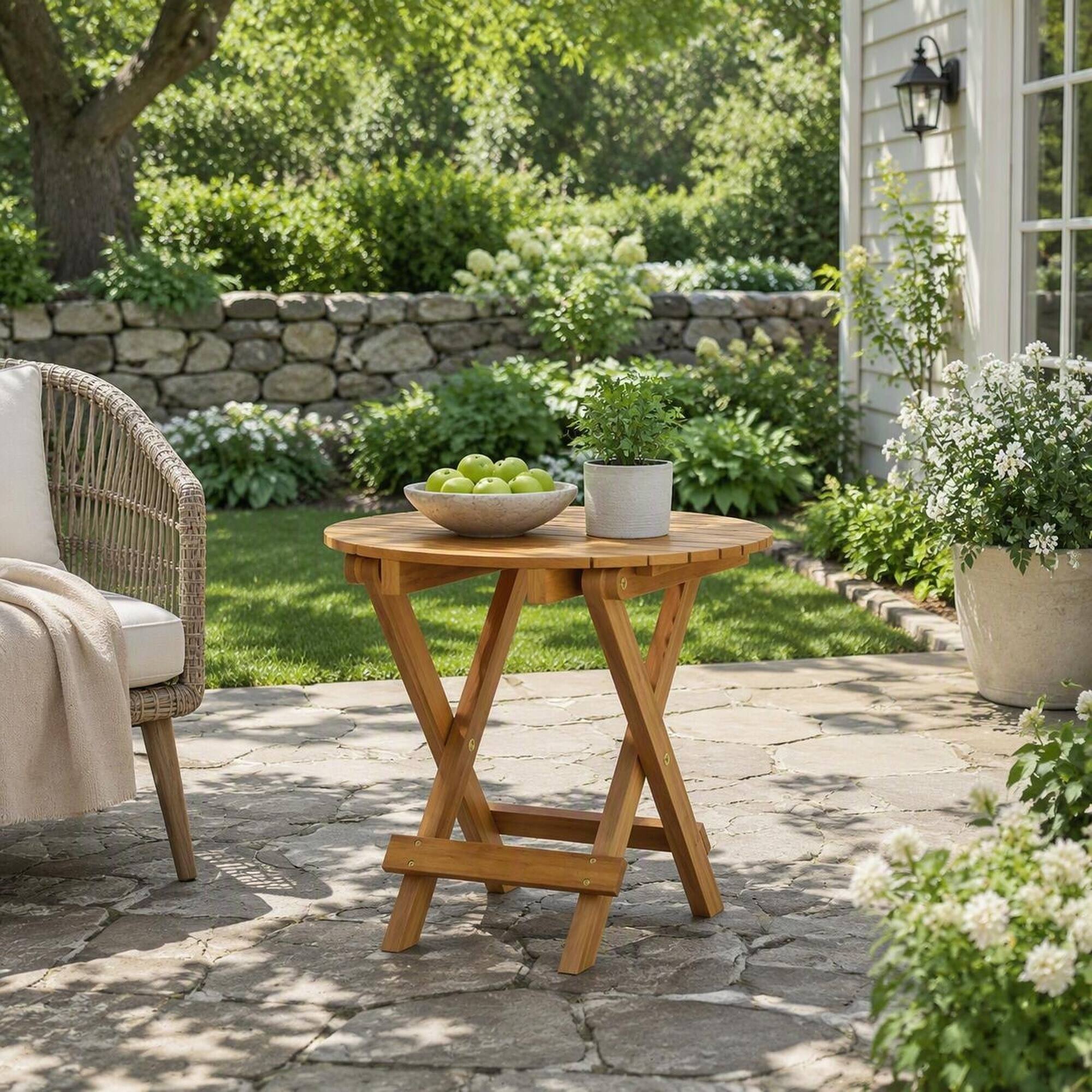 Angle. RYHNUYNE - Outdoor Folding Round Side Table Solid Acacia Wood Portable Patio End Table for Backyard Balcony Garden - Teak.