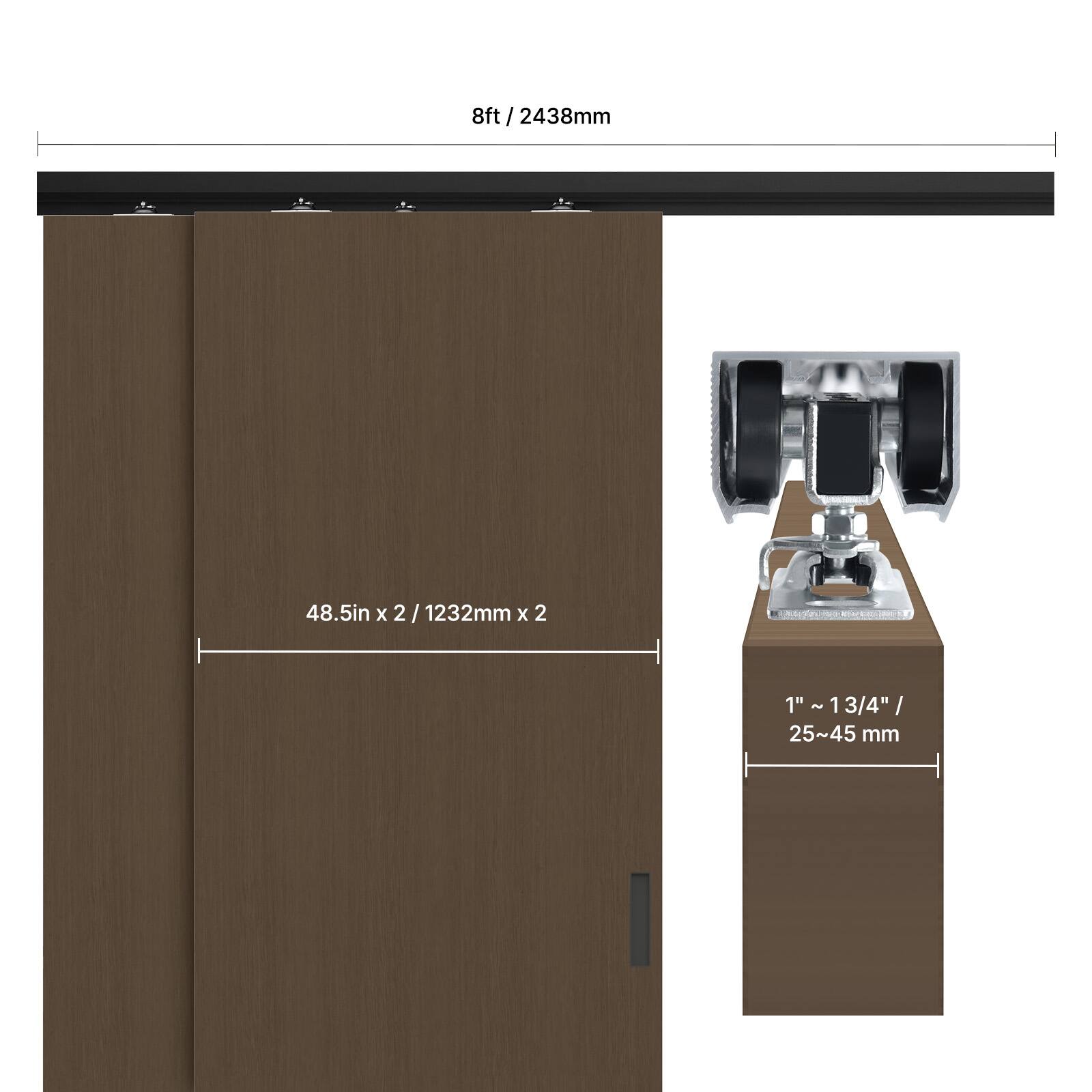 8ft / 2438mm  
48.5in x 2 / 1232mm x 2  
1" - 1 3/4" / 25~45 mm