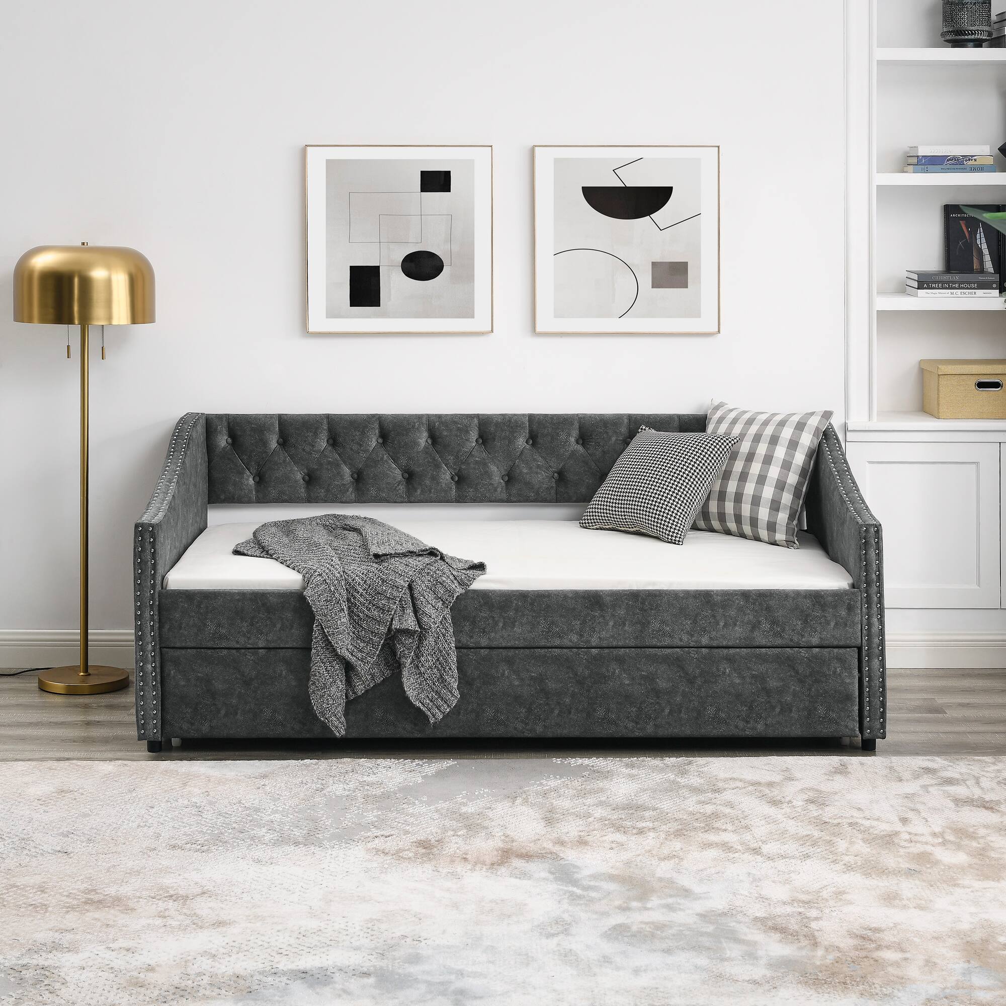 Back. Tiramisubest - Twin Size Daybed with Twin Size Trundle Upholstered Tufted Sofa Bed, Grey (80.5"x41"x30.5") - Grey.