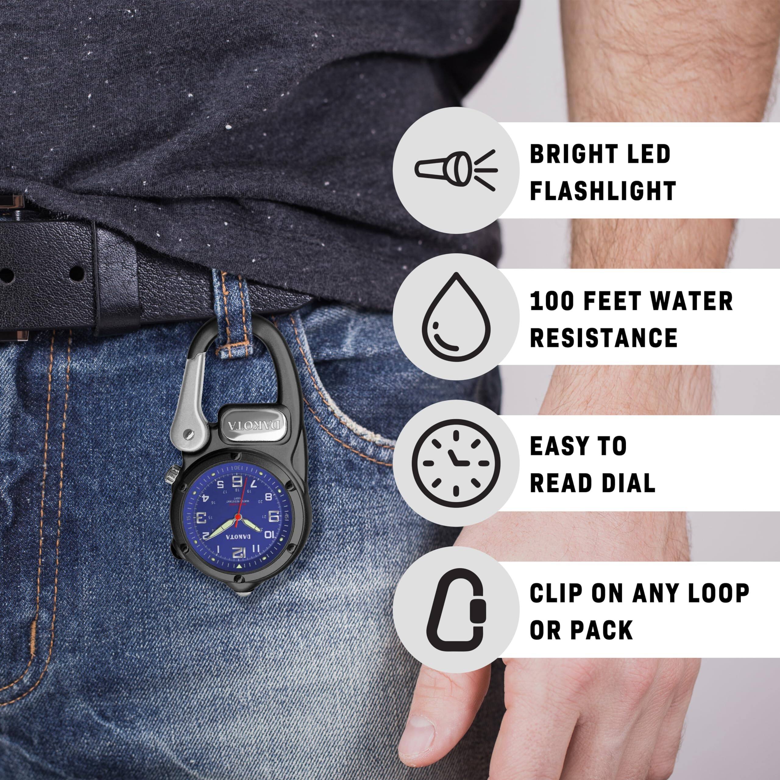 BRIGHT LED FLASHLIGHT  
100 FEET WATER RESISTANCE  
EASY TO READ DIAL  
CLIP ON ANY LOOP OR PACK