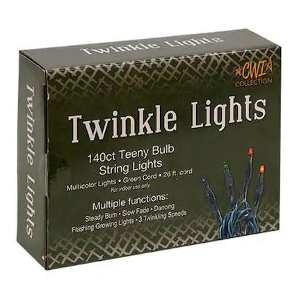 Twinkle Lights
CWIX COLLECTION
Twinkle Lights
140ct Teeny Bulb String Lights
Multicolor Lights • Green Cord • 2.6 ft. cord
For indoor use only
Multiple functions:
Steady • Bum • Slow Fade • Dancing
Flashing • Growing Lights • 3 Twinkling Speeds
