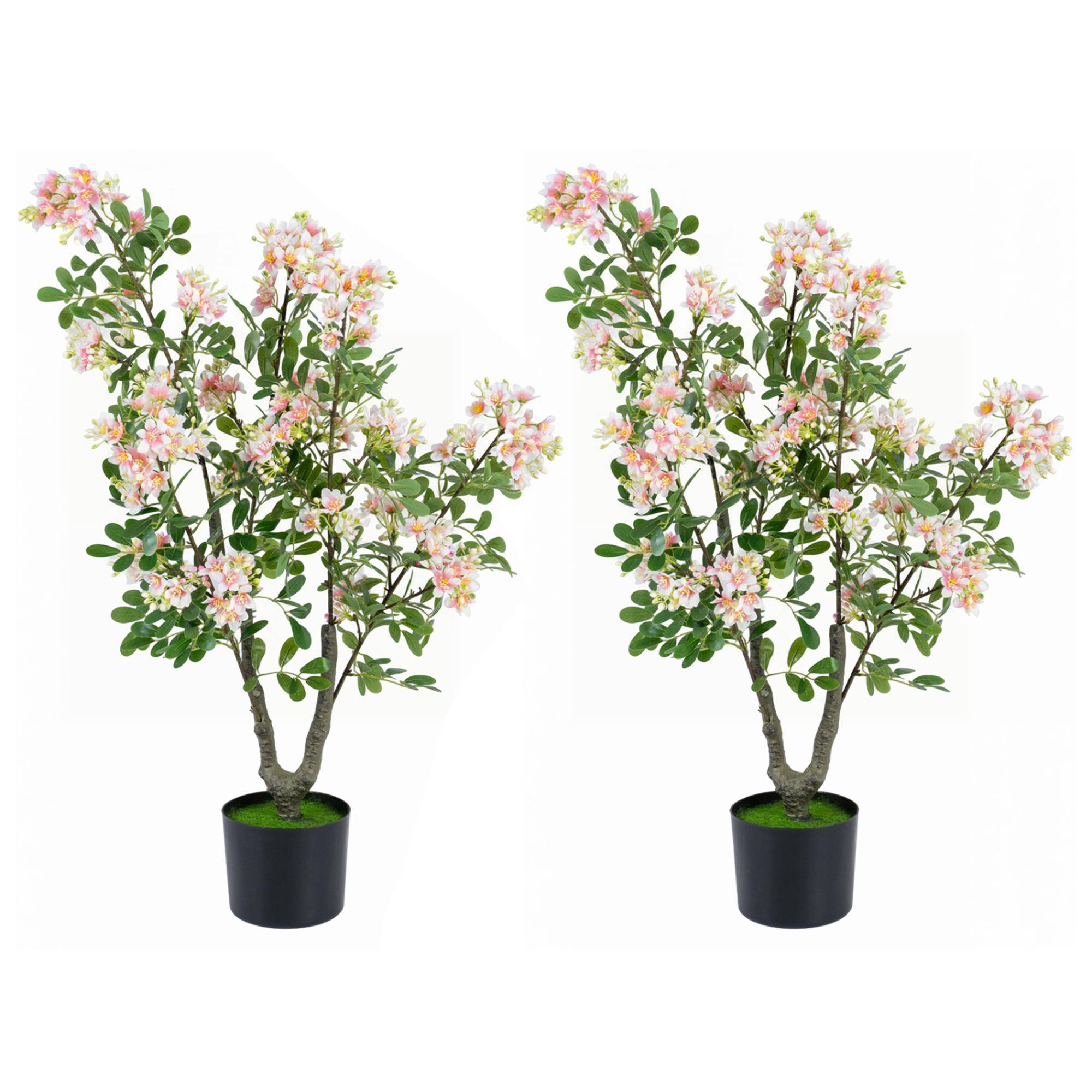 Front. Boyel Living - 36" Set of 2 Artificial Impatiens Tree with Mini Fruits and Silk Flowers-Pink - Pink.