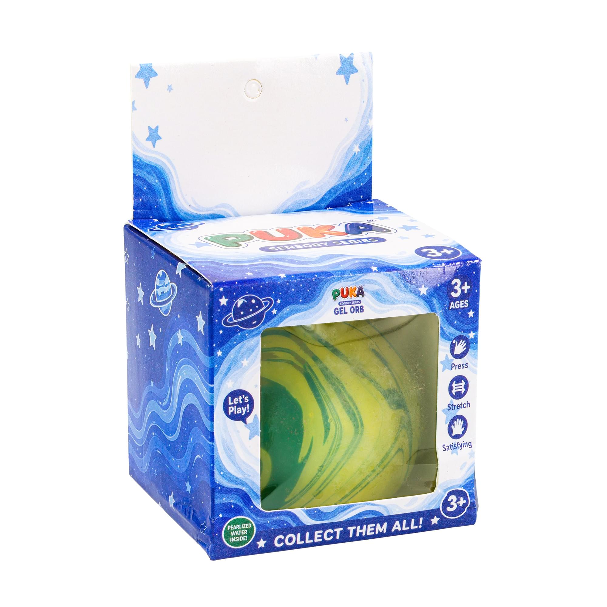 PUKA SENSORY SERIES 3+  
PUKA 3+ SOCOOT  
AGES  
GEL ORB  

Press  
Let's Play!  
Stretch  
Satisfying  

PEARLIZED WATER THEM ALL! INSIDE!  
COLLECT  
3+