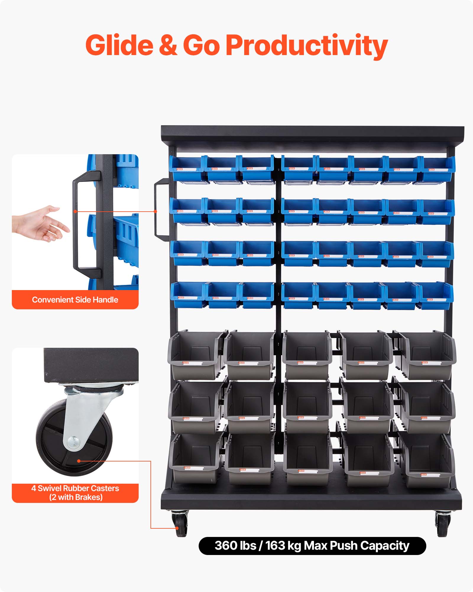 Glide & Go Productivity

Convenient Side Handle

4 Swivel Rubber Casters (2 with Brakes)

360 lbs / 163 kg Max Push Capacity