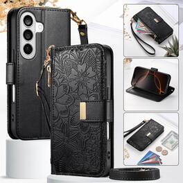 Dteck - Floral Embossed Leather Zipper Cash Slot Wallet Case for Samsung Galaxy S26 with Detachable Strap - Black