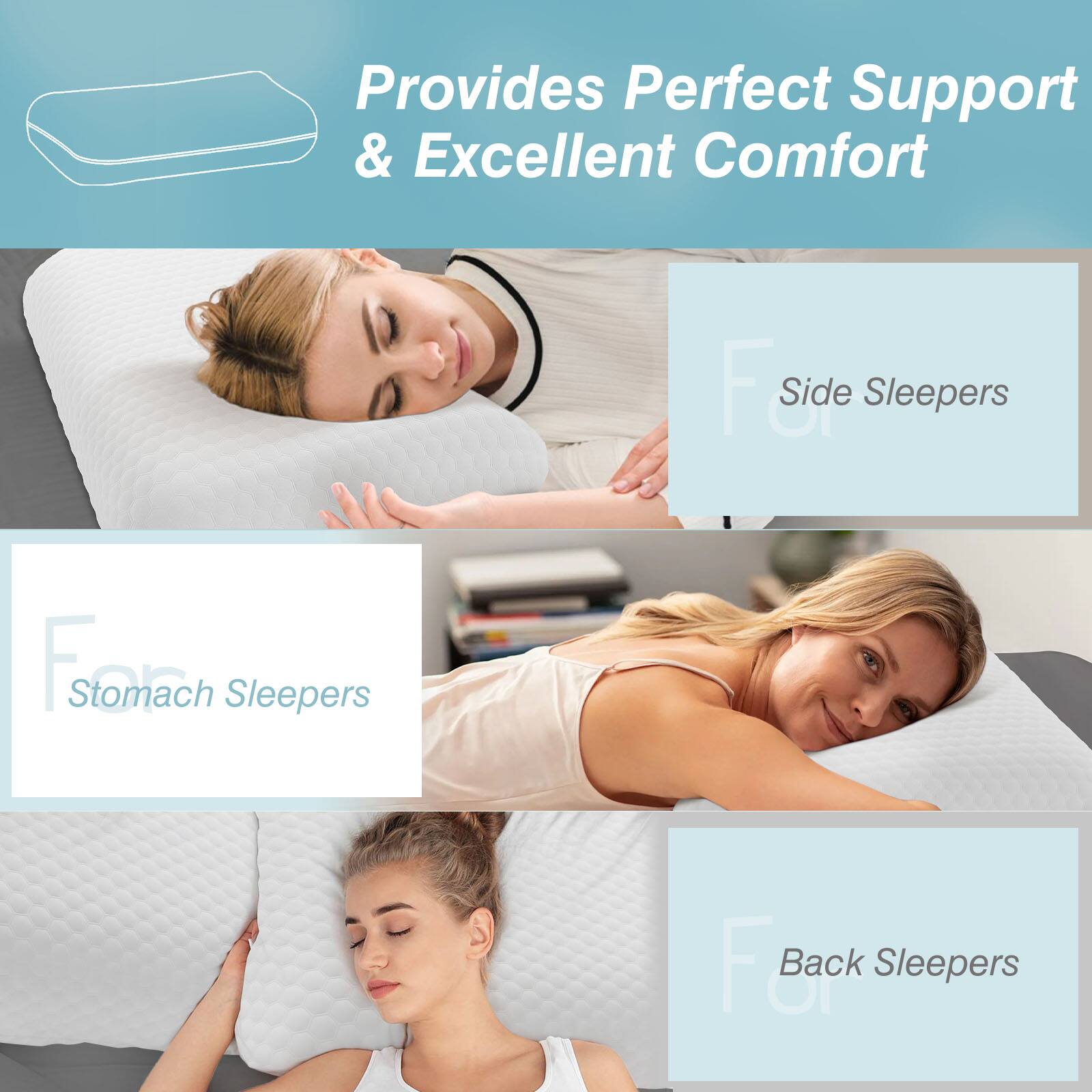 Provides Perfect Support & Excellent Comfort

For Side Sleepers

For Stomach Sleepers

For Back Sleepers