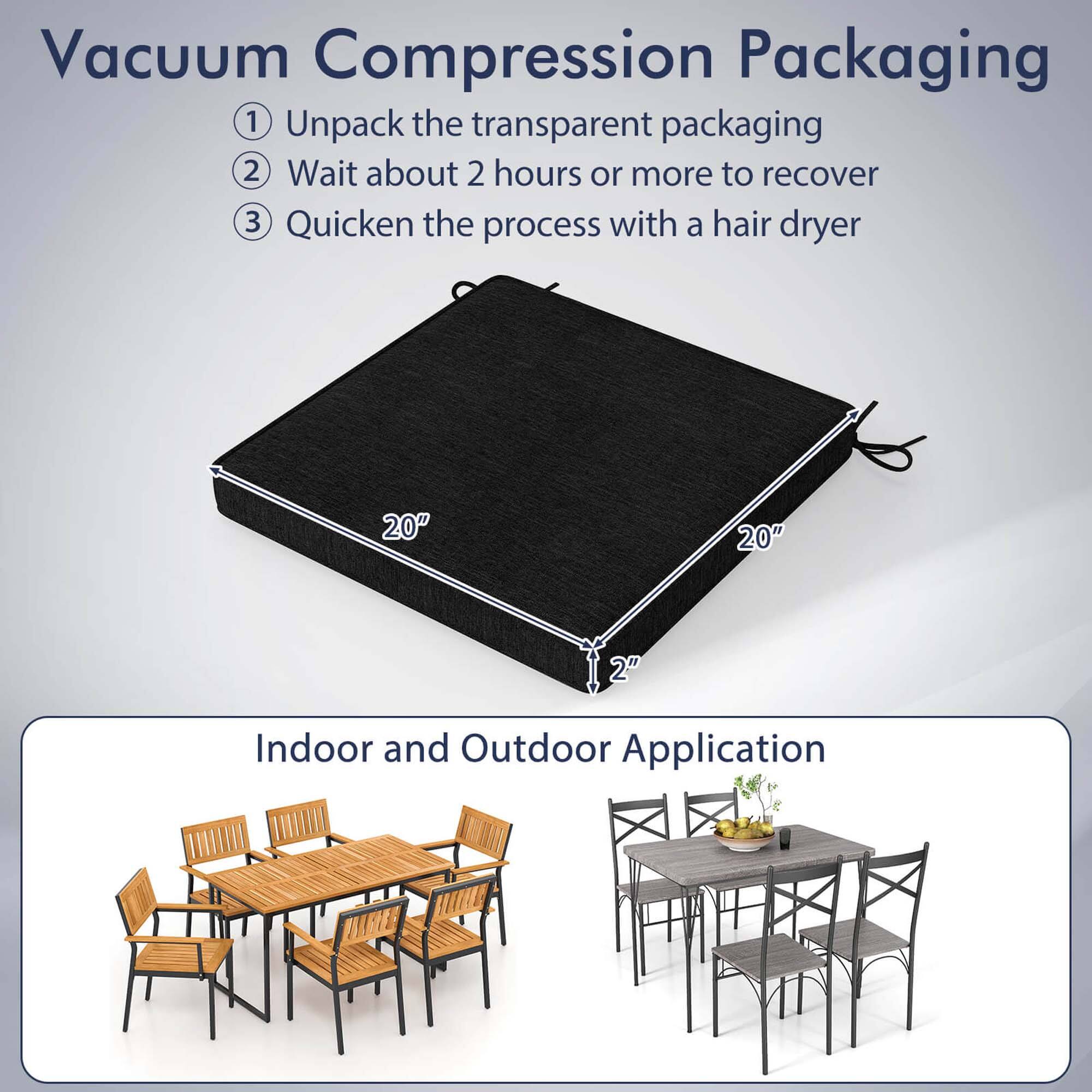 Vacuum Compression Packaging

1. Unpack the transparent packaging
2. Wait about 2 hours or more to recover
3. Quicken the process with a hair dryer

20"
20"
2"

Indoor and Outdoor Application