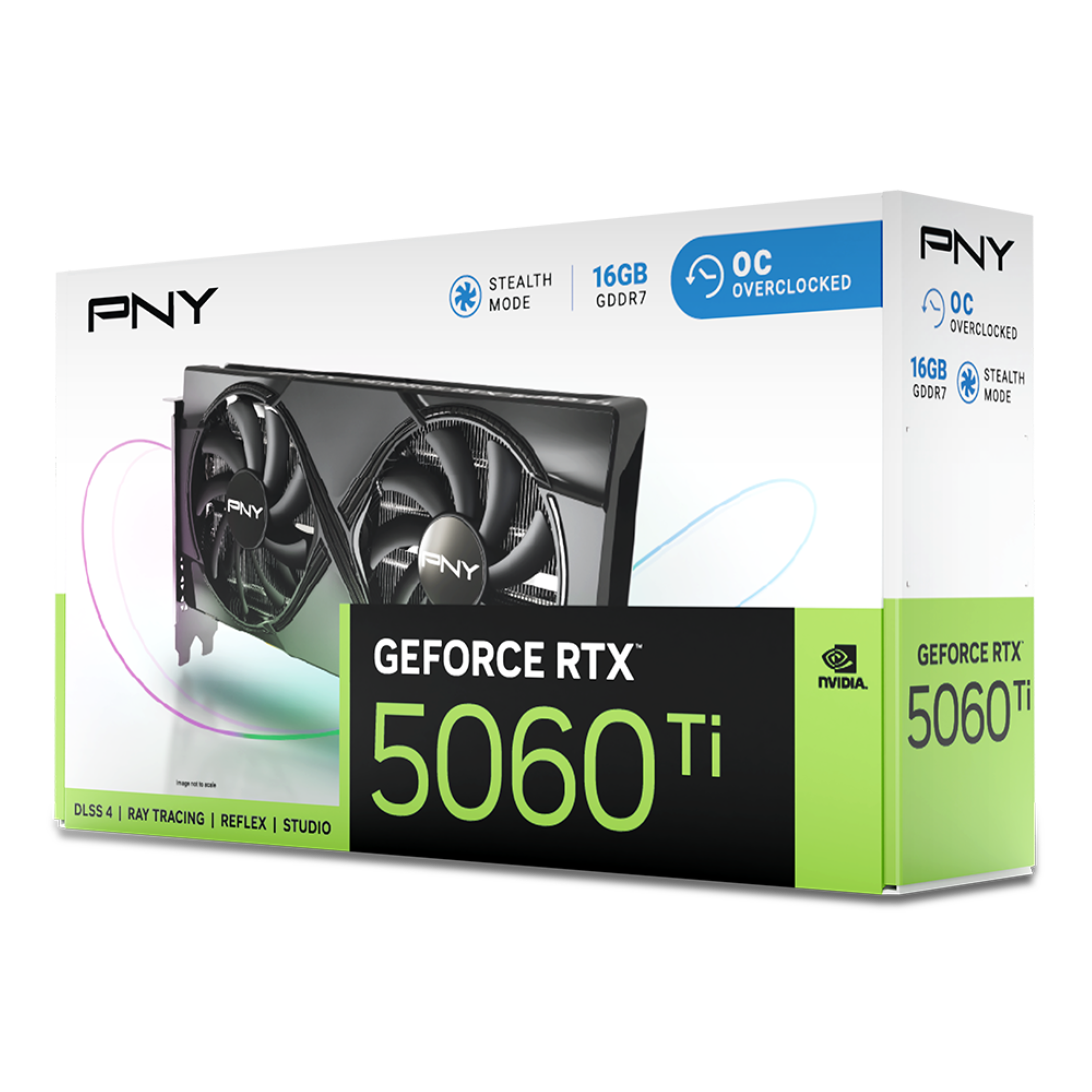 PNY STEALTH MODE  
16GB GDDR7  
OC OVERCLOCKED  

GEFORCE RTX 5060 Ti  
DLSS 4 | RAY TRACING | REFLEX | STUDIO  

NVIDIA