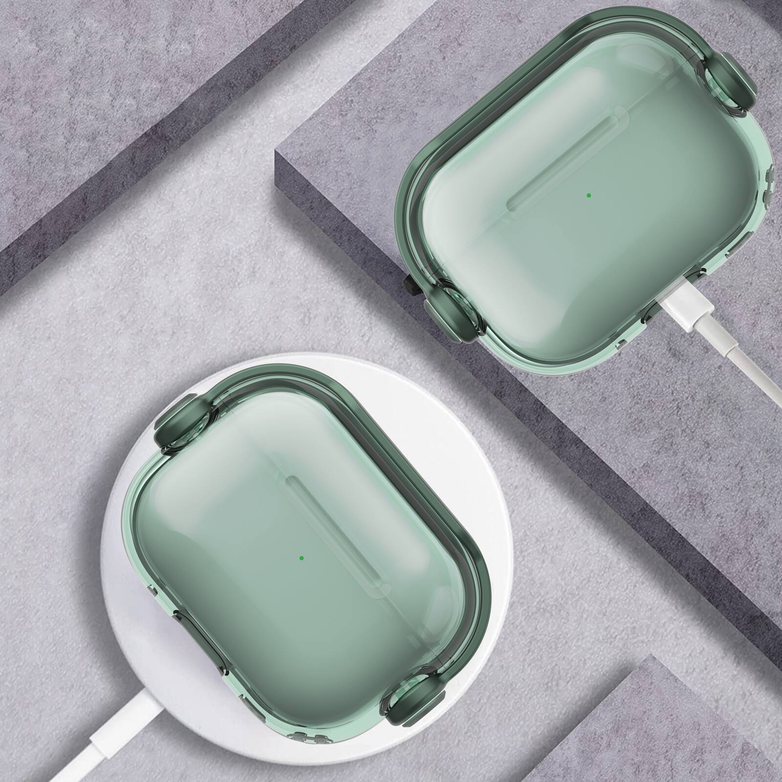 Angle. Dteck - For Apple Airpods 4th/5th Gen Slim Fit Clear Kickstand Shockproof Drop Protection Case With Anti-Loss Ring - Green.