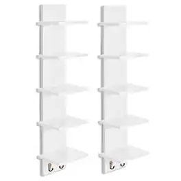 Sorbus - 2 Pack 5 Tier Wall Mounted Floating Shelf Unit with Hooks - Home Decor and Storage Organizer - White