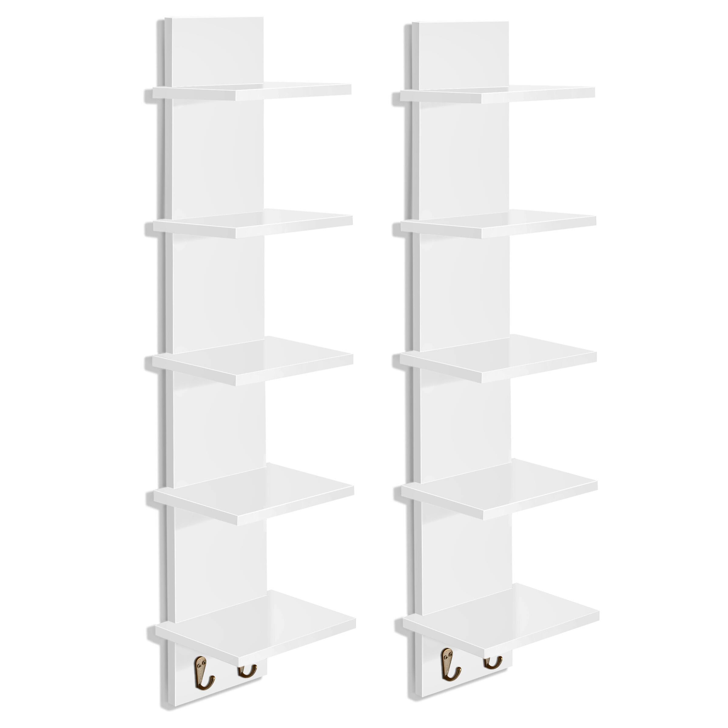 Sorbus - 2 Pack 5 Tier Wall Mounted Floating Shelf Unit with Hooks - Home Decor and Storage Organizer - White