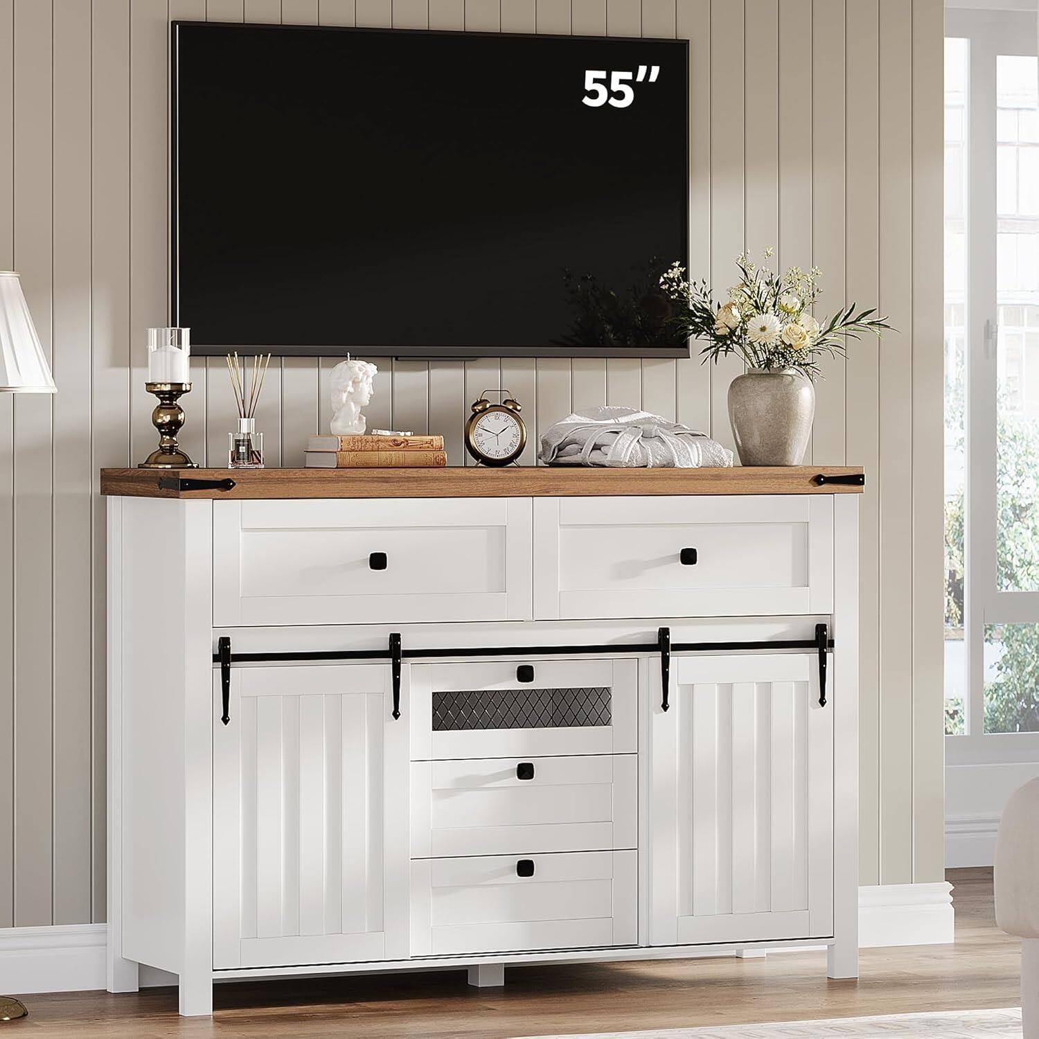 Alt View 2. Acekool - Farmhouse Buffet Cabinet  Sideboard Storage Cabinet with 5 Drawers and Sliding Barn Doors - White.