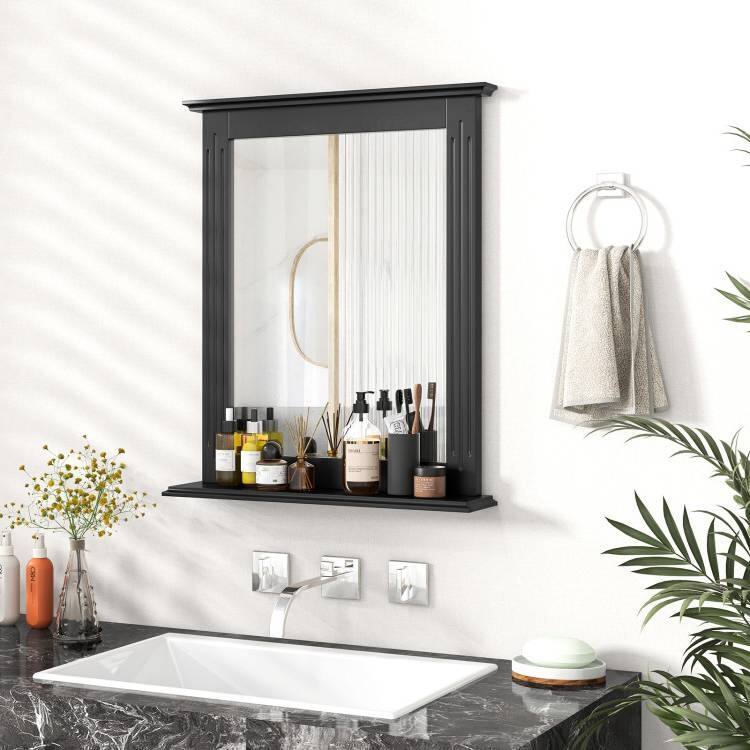 Angle. Hivvago - Black Rectangular 27 x 22.5 inch Wall-Mounted Bathroom Mirror with Storage Shelf - Black.
