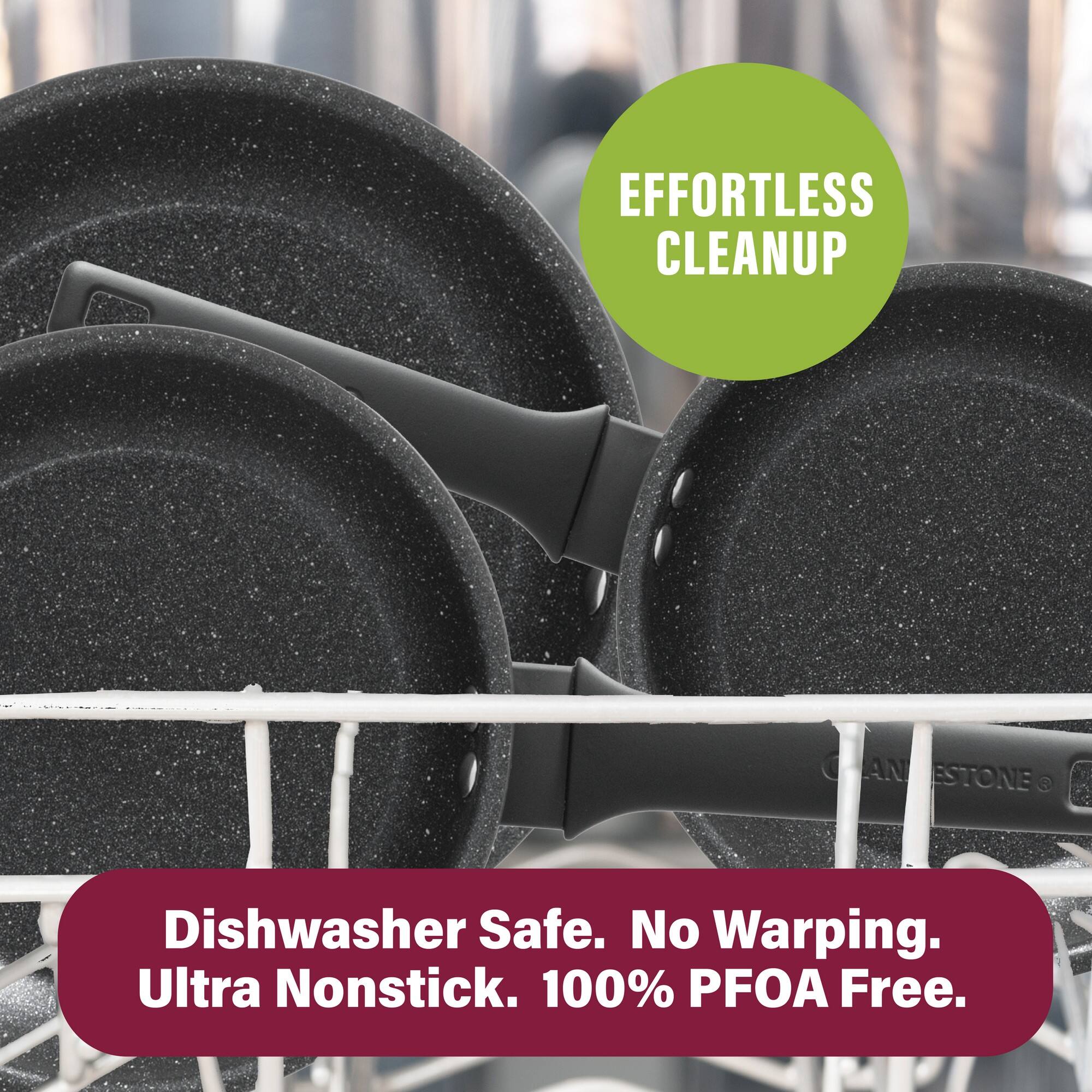 EFFORTLESS CLEANUP, Dishwasher Safe. No Warping. Ultra Nonstick. 100% PFOA Free.