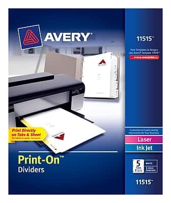 AVERY 11515  
Free Templates & Designs  
Print-On™ Dividers  
Print Directly on Tabs & Sheet  
Customize to Create Impressions for Your Binders  
Laser Ink Jet  
5 Tabs  
3-Hole Punches  
11515