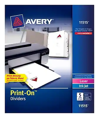 AVERY 11515
Free Templates & Designs
Print-On™ Dividers
Print Directly on Tabs & Sheet
Customize to Create Impressions for Your Binders
Laser Ink Jet
5 Tabs
3-Hole Punches
11515