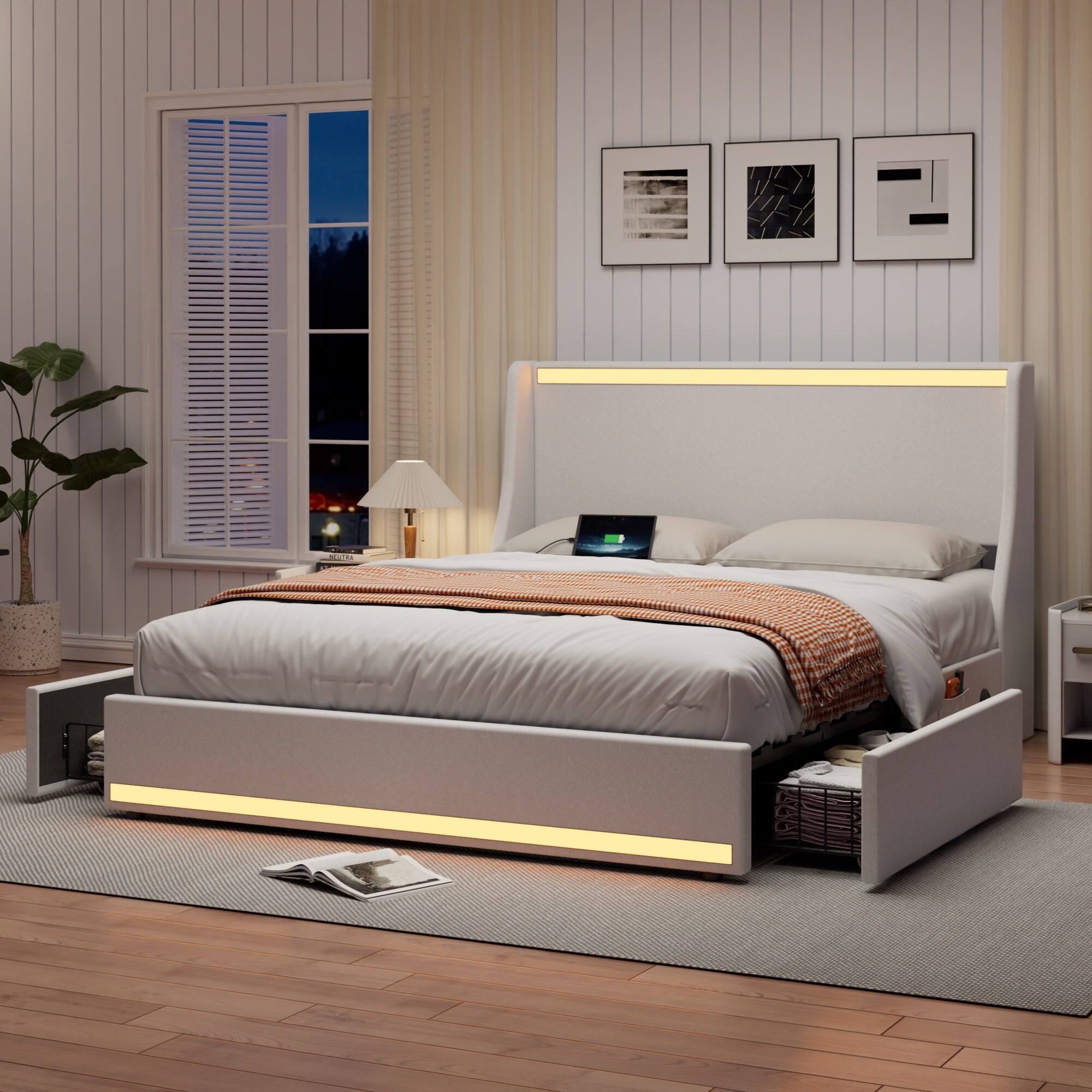 Alt View 8. Vecelo - Full Size LED Bed Frame with Headboard, Charging Ports, Storage Drawers, No Box Spring Needed, App & Remote Control - White.