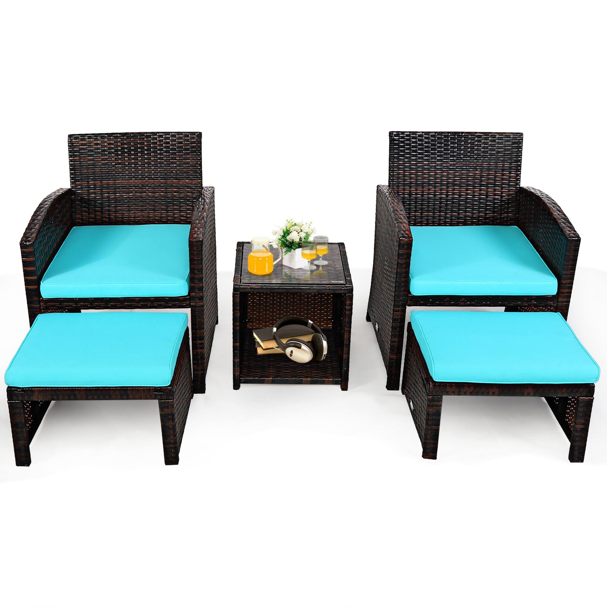 Alt View 2. Gymax - Gymax 5PCS Rattan Patio Furniture Set Chair & Ottoman Set w/ Turquoise Cushions - Turquoise.