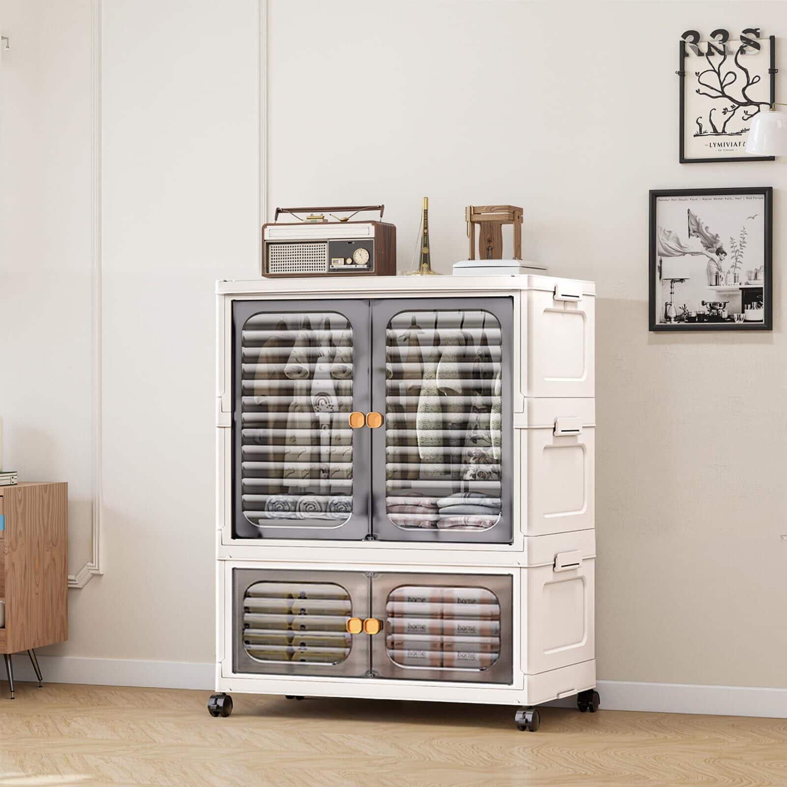 GARVEE - Plastic Stackable Collapsible Storage Bins Containers w/ Doors,Wheels & Hanging Rods Organizers Cabinet for Home Office - White+ Gray