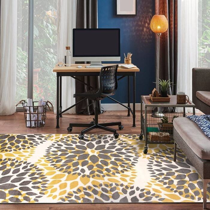 Back. Hivvago - 3'1" x 5' Grey Yellow Floral Woven Stain Resistant Polypropylene Area Rug - Grey, Yellow.