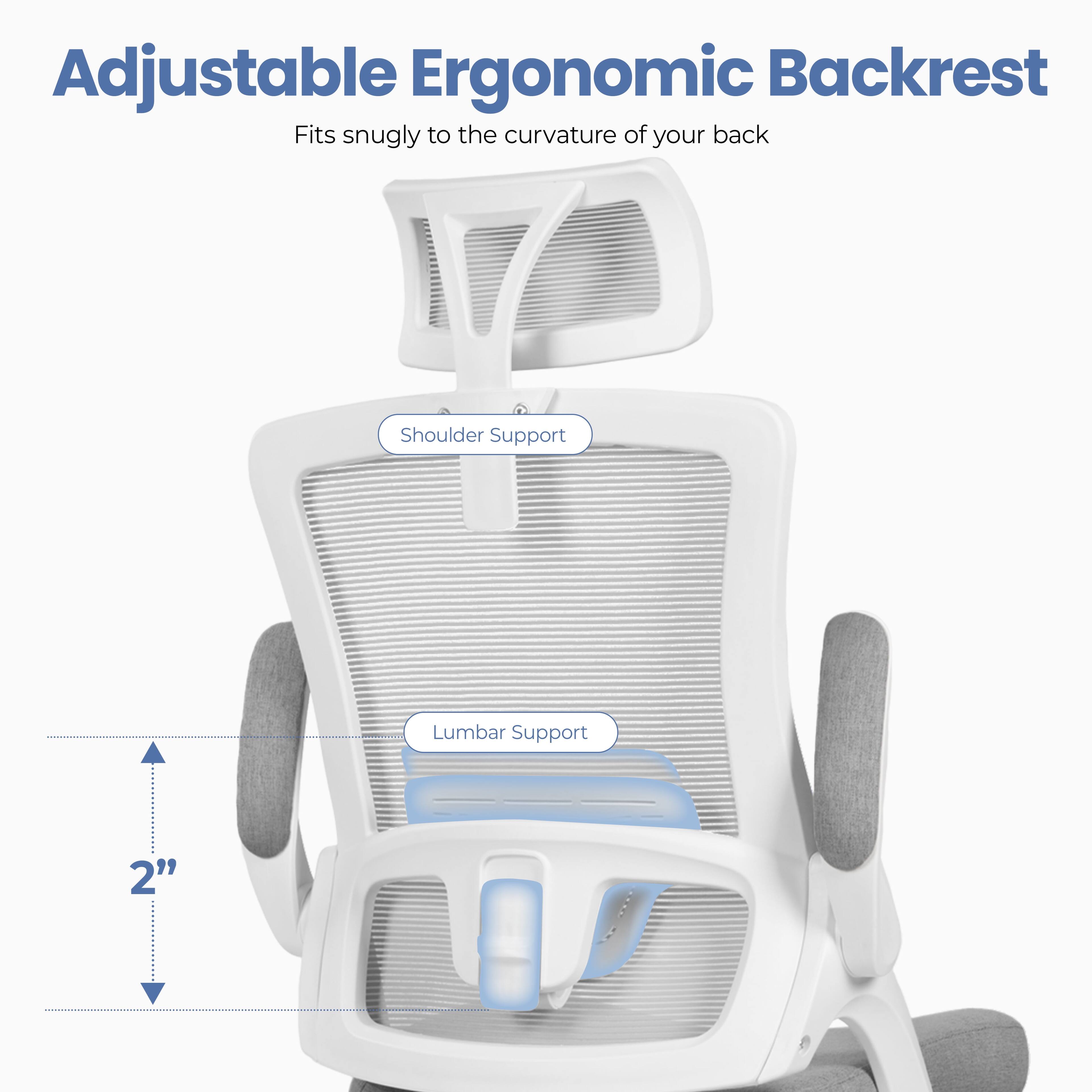 Adjustable Ergonomic Backrest  
Fits snugly to the curvature of your back  

Shoulder Support  
Lumbar Support  

2"