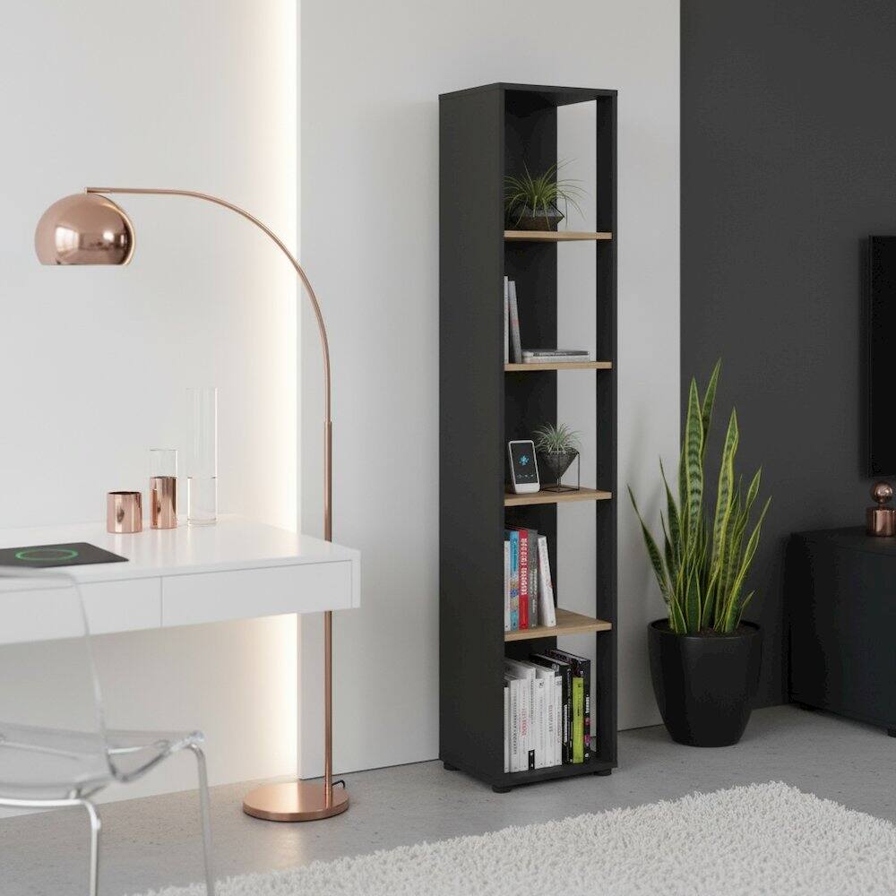 Left. FurniFact - 5-Shelf Bookcase with Fixed Shelves for Living Room or Office - Gray.