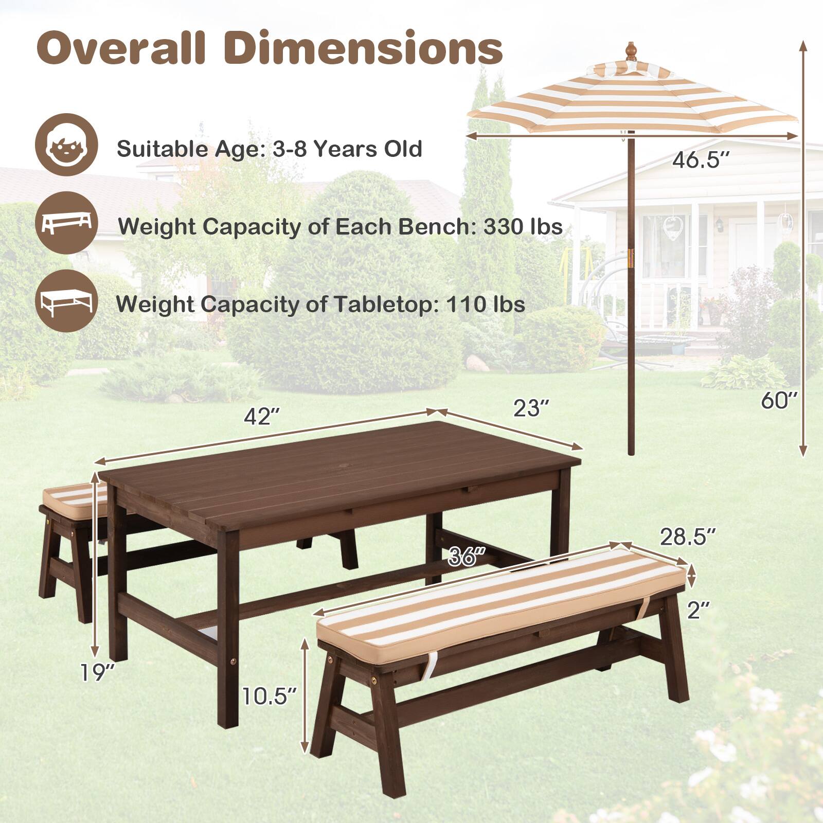 Overall Dimensions  
Suitable Age: 3-8 Years Old  
Weight Capacity of Each Bench: 330 lbs  
Weight Capacity of Tabletop: 110 lbs  

46.5"  
42" x 23"  
60"  
19" x 10.5"  
36" x 28.5" x 2"